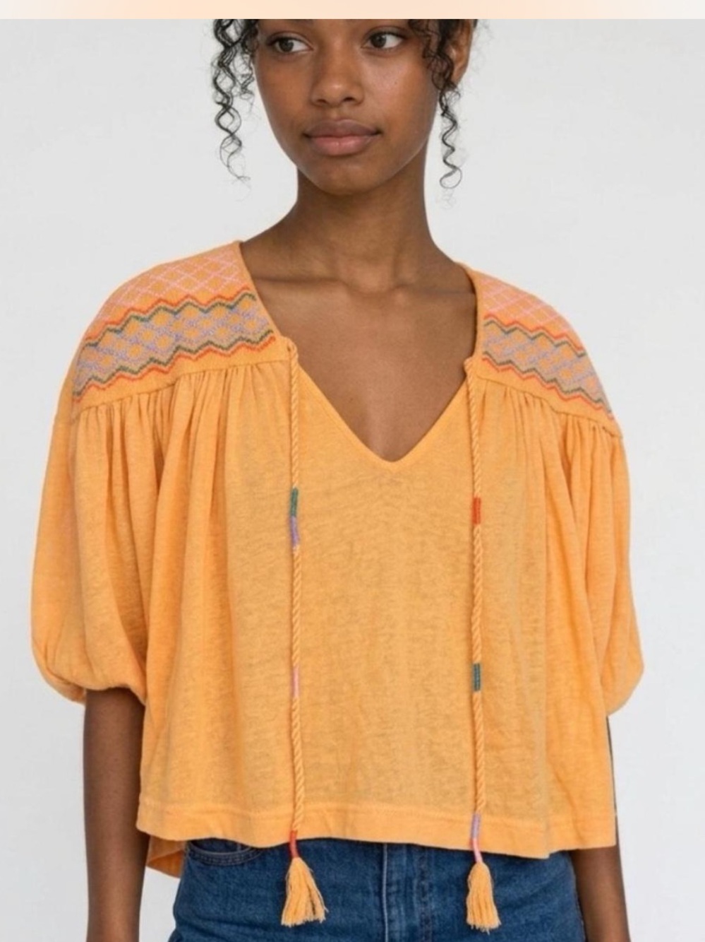Free People Boho Embroidered V-Neck Peasant Top in Orange